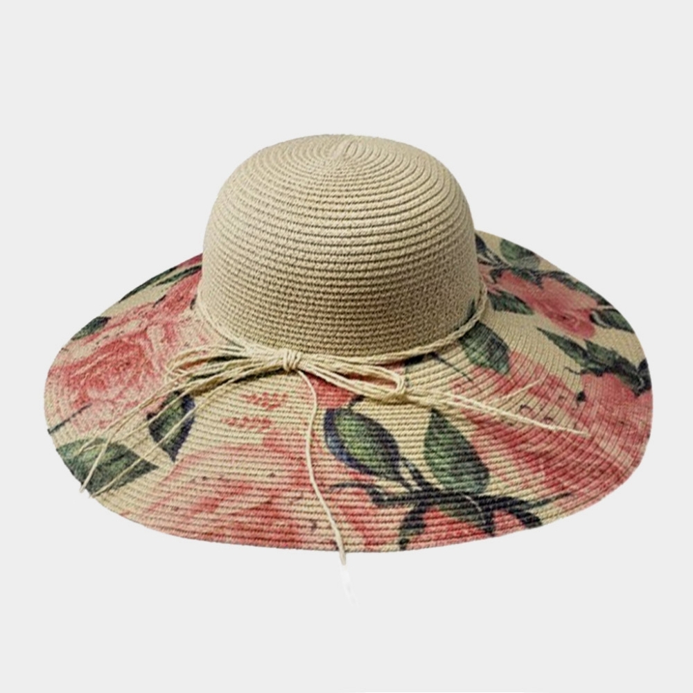 Tan Flower Floppy Straw Sun Hat Brim Womens Beach Vacation Fashion Accessory - Picture 1 of 3